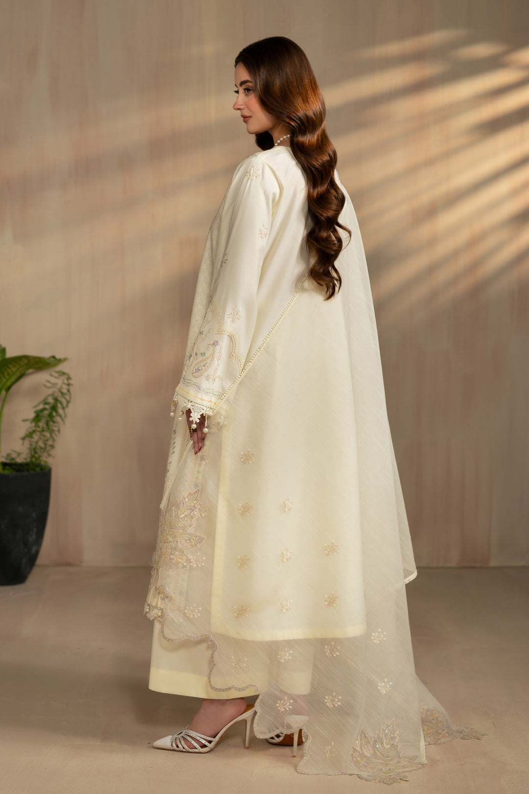 Back view of Ashnoor dress with flowing dupatta drape and long shirt length, breathable ready made gathering attire.
