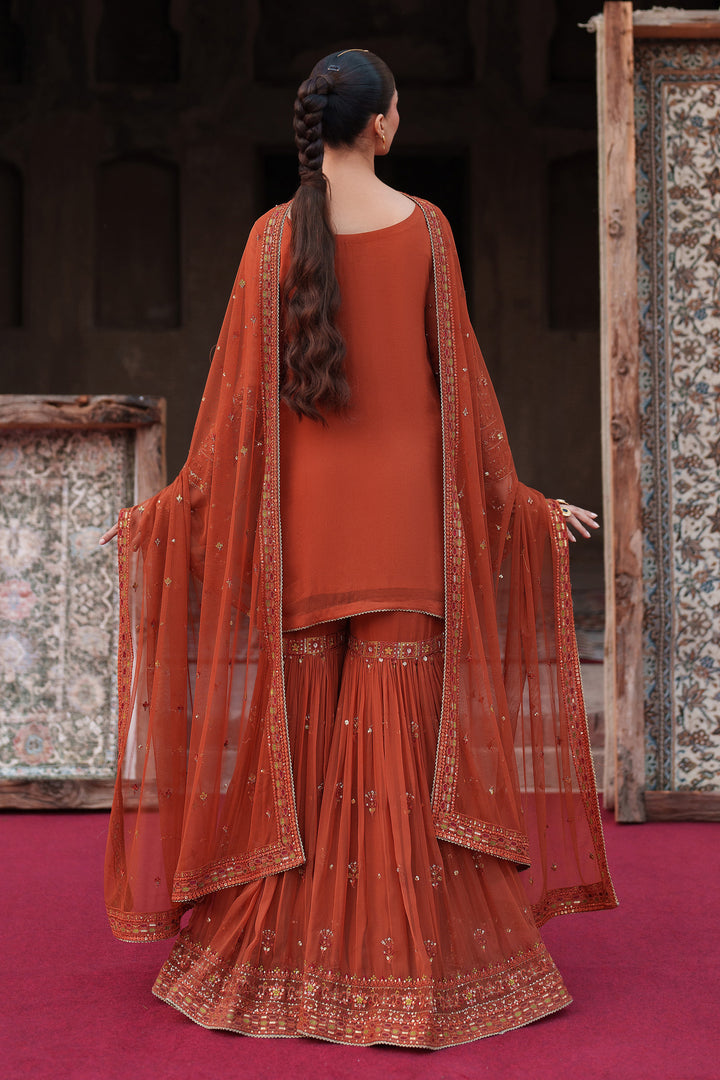 Woman in traditional rust-colored outfit with a sheer dupatta standing in front of an ornate door.