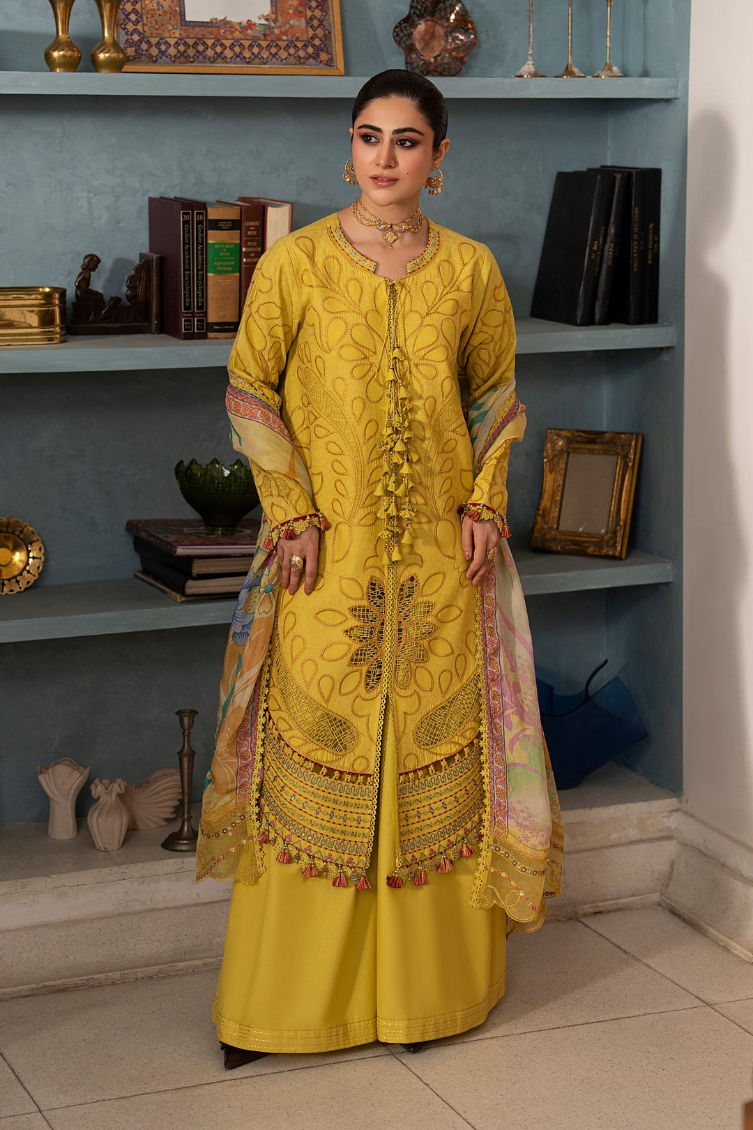 Full-length front view of Seraya lemon embroidered lawn dress with machine embroidery, lace finishing and elegant Eastern summer silhouette