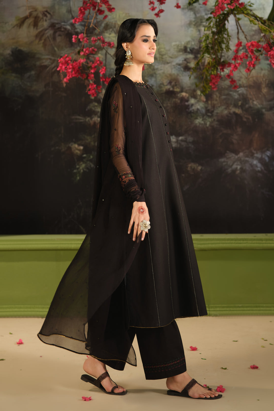 NAQSHI Bindiya black three piece summer outfit showing long 7 panel Pima lawn shirt with straight culotte trousers and crinkle dupatta