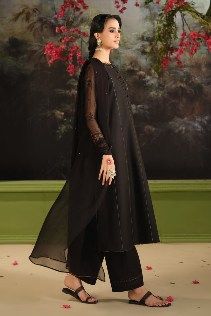 NAQSHI Bindiya black three piece summer outfit showing long 7 panel Pima lawn shirt with straight culotte trousers and crinkle dupatta