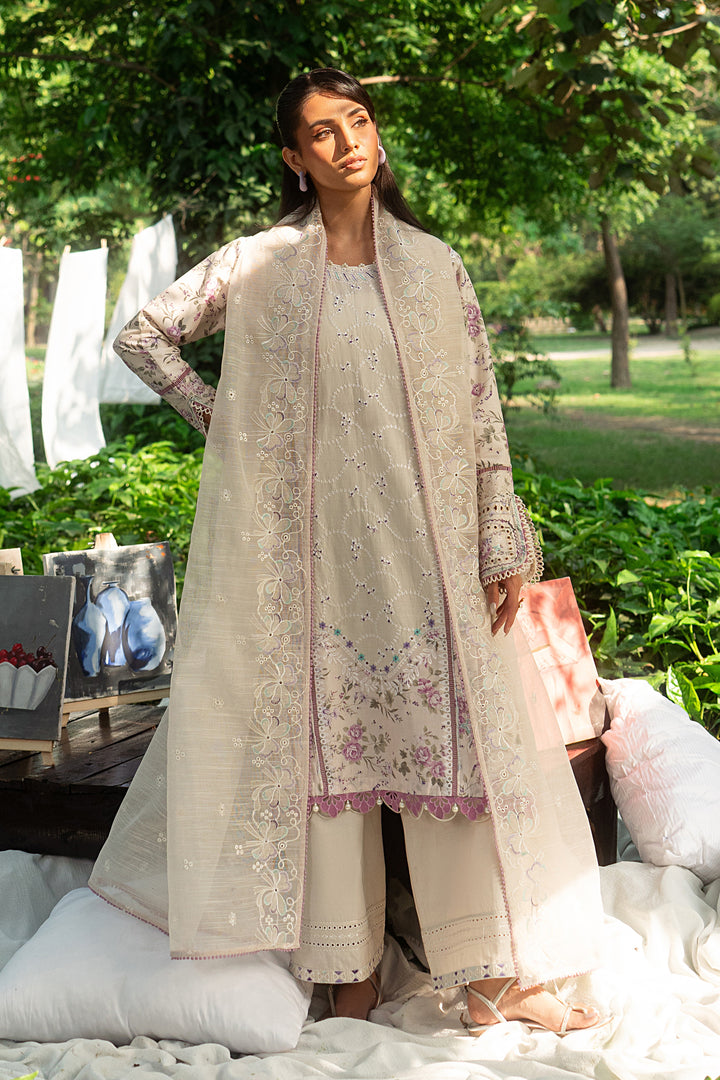 Front full look of Baseera ivory embroidered lawn outfit showing neat digital print base with soft thread work and clean neckline