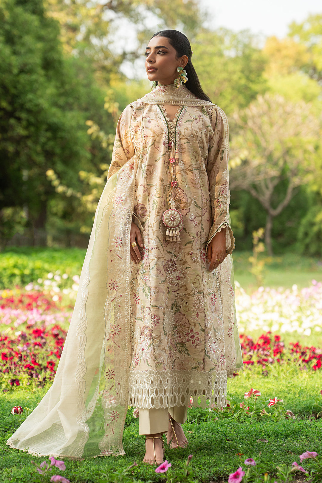 Front full look of Andalib skin embroidered lawn outfit showing panel layout, V neckline with lace detail and neat floral design