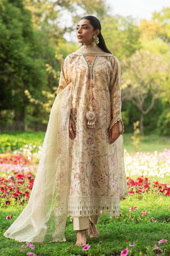 Front full look of Andalib skin embroidered lawn outfit showing panel layout, V neckline with lace detail and neat floral design