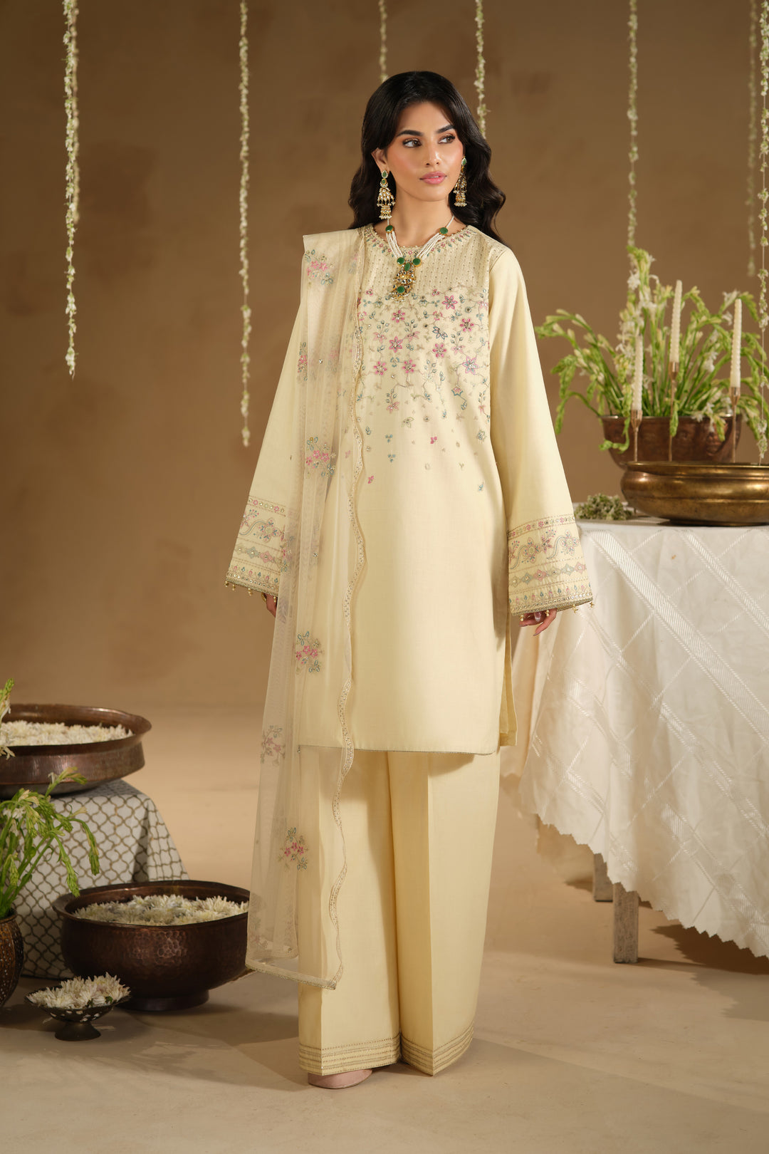 Front standing look of Arosel ready to wear outfit highlighting balanced shirt length and modest silhouette