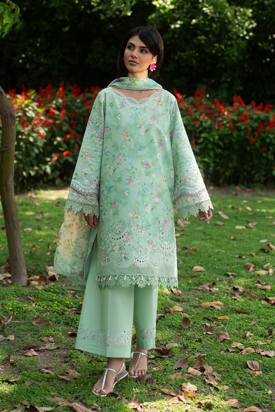 Front full look of Menesa aqua green embroidered lawn outfit showing neat thread work, relaxed fit and clean summer styling