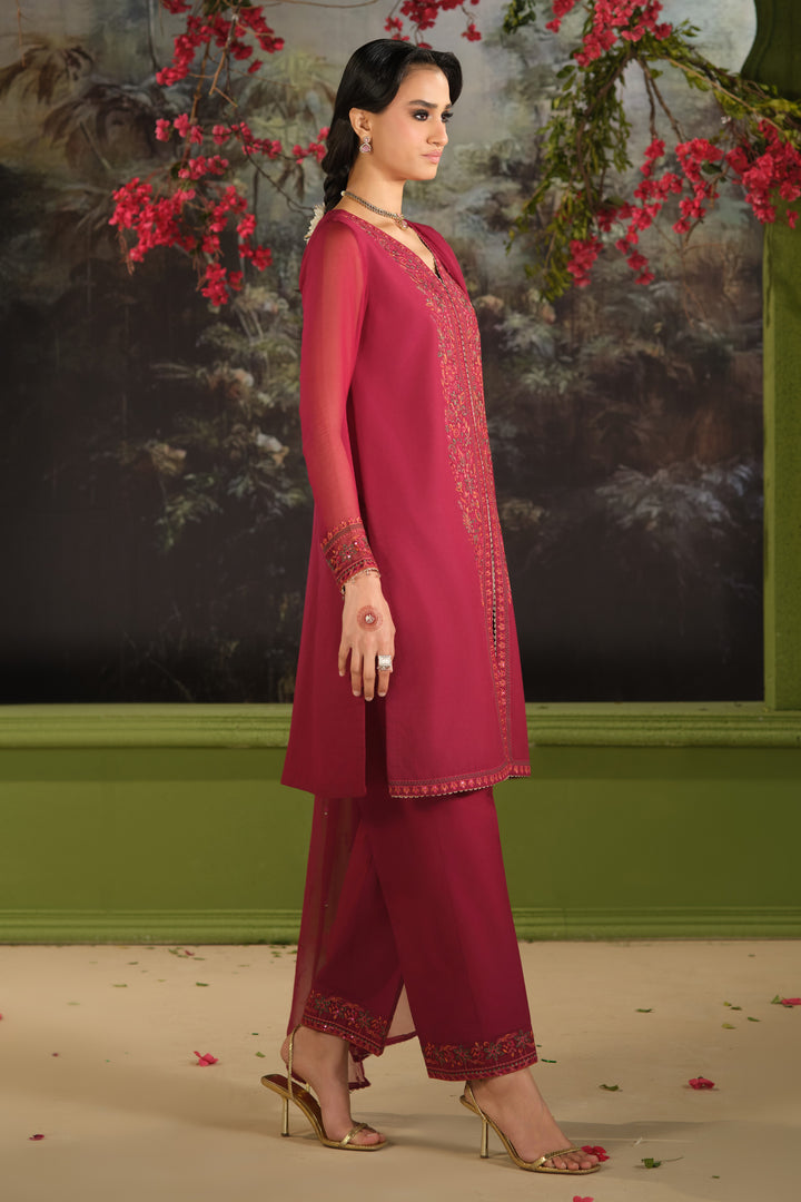 side view of NAQSHI Parwaaz maroon Pima lawn shirt showing embroidered neckline and center panel embroidery.