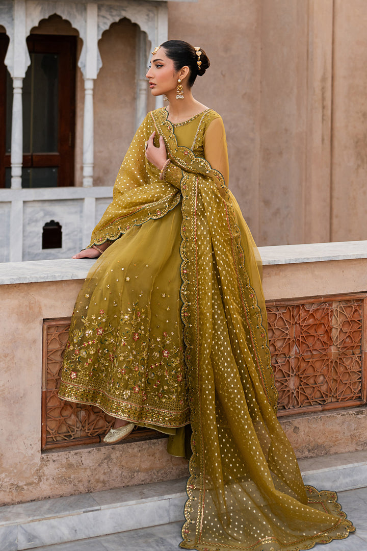 Lehr mustard organza festive frock with wide flare, embroidered details and zari organza dupatta