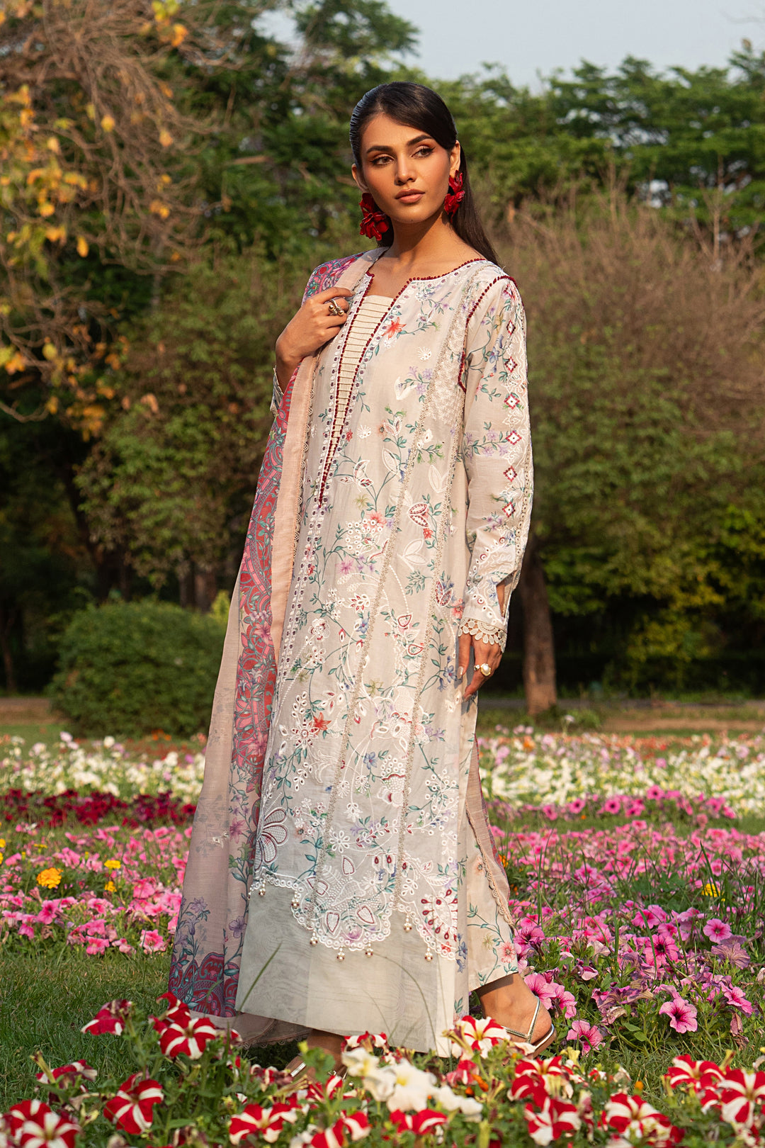 Front full look of Zimra grey embroidered lawn outfit showing floral print, neat panel structure and soft breathable fabric