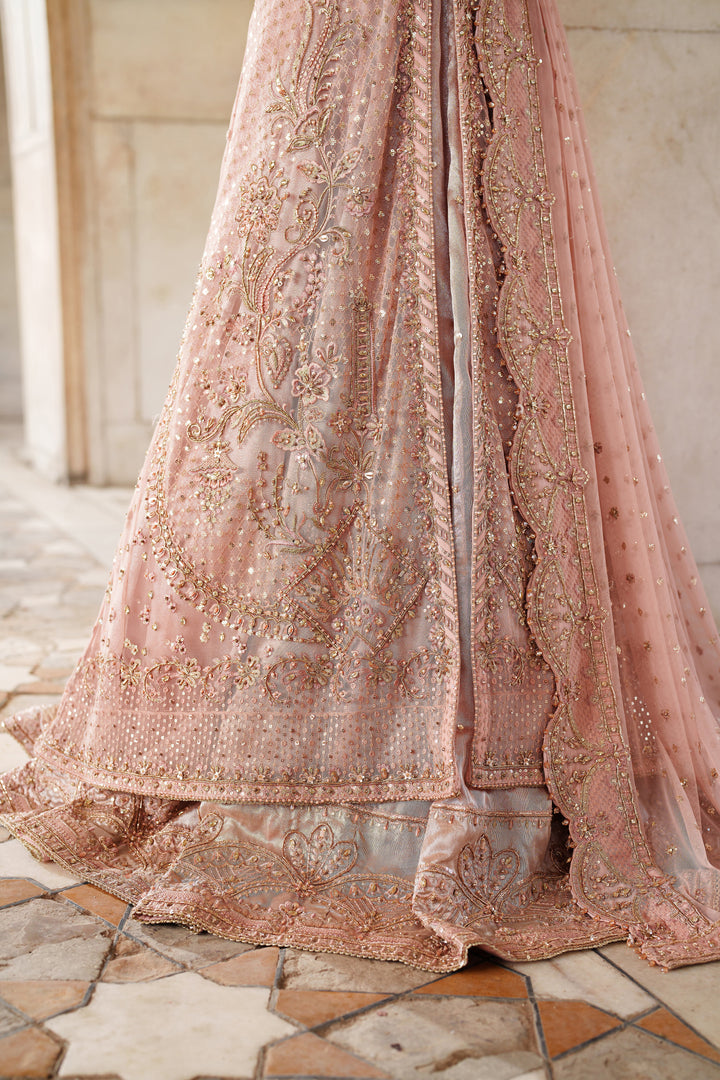 Close detail of NAQSHI Mareeha embroidered flare skirt in soft pink ready-to-wear dress for formal occasion wear.