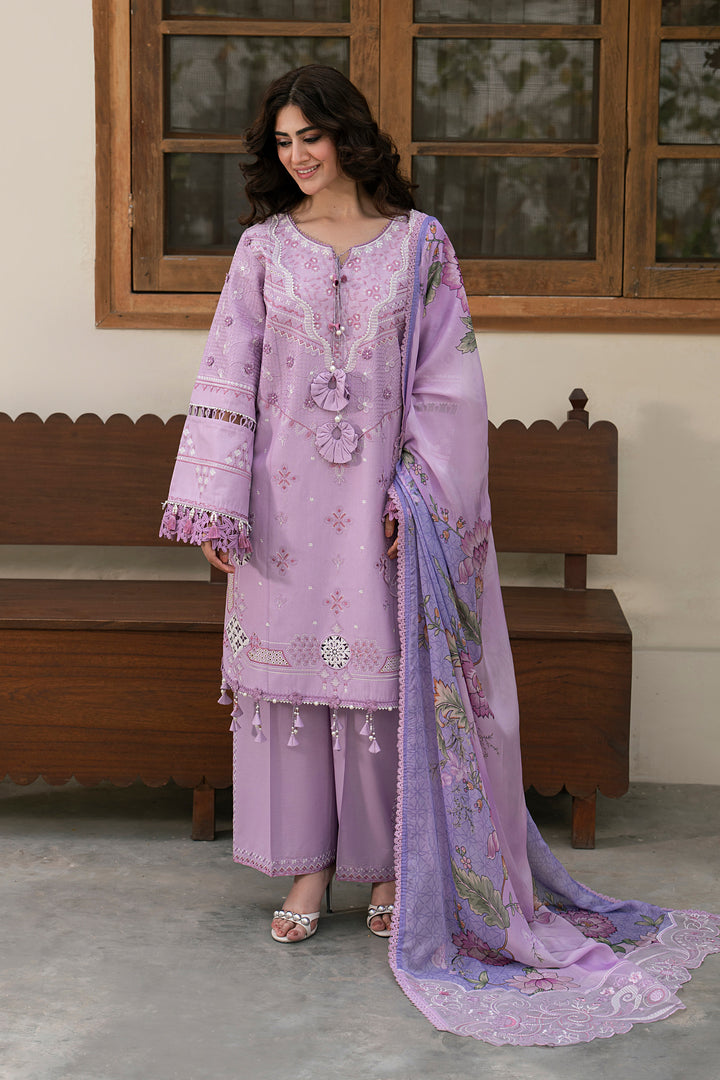 Izna lilac 3-piece embroidered lawn dress showcasing detailed sleeve embroidery, decorative borders and flowing tissue silk dupatta
