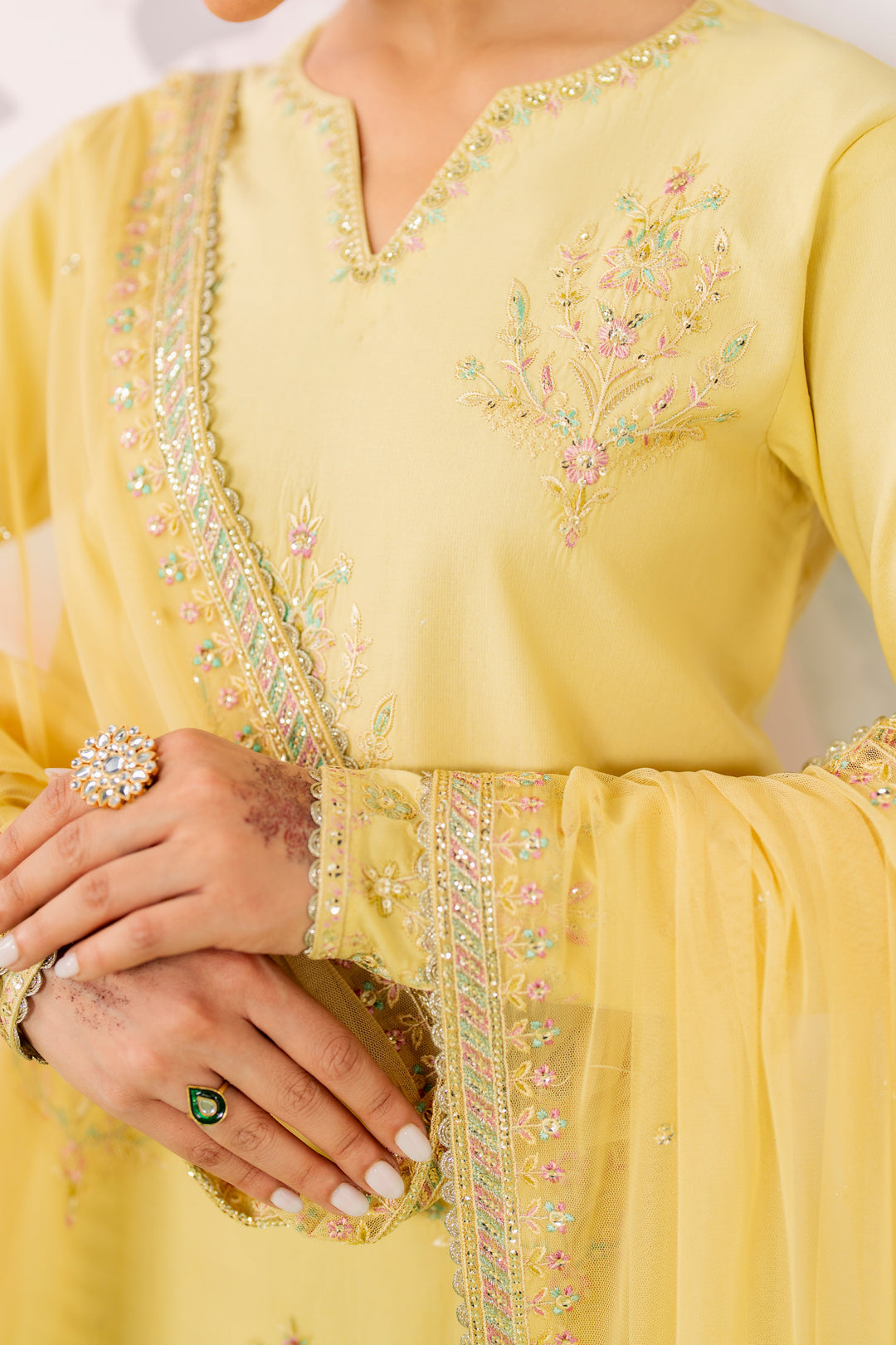 Close up of band neckline embroidery sequins and motif work on yellow pima lawn shirt