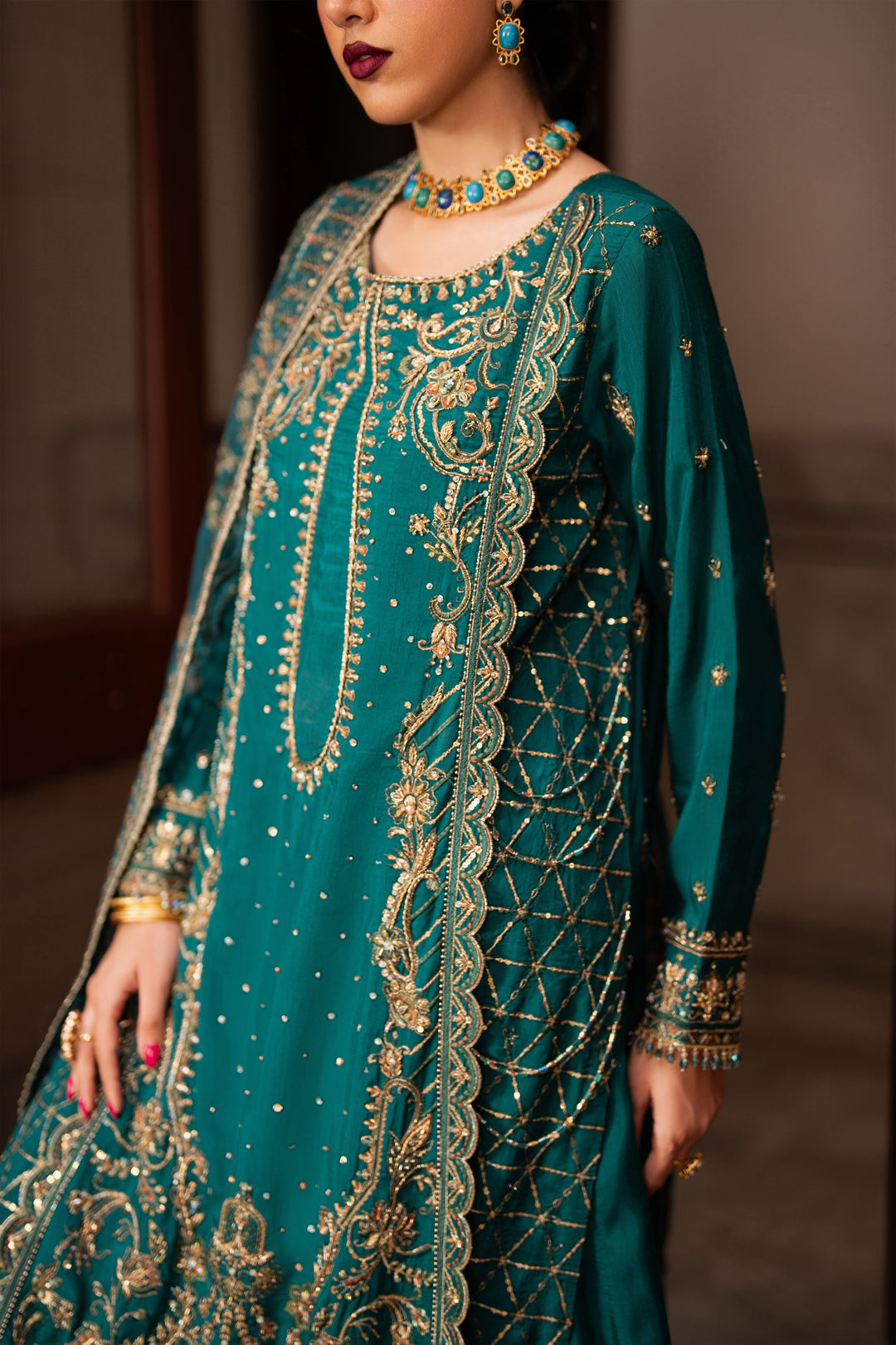 NAQSHI Gul-e-Rimal close-up shot of embroidery, sequins, and neckline detail in zinc green ensemble