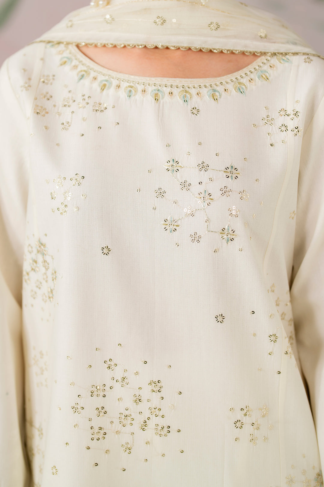 Close up of boat neckline embroidery and sequins detailing on Preeti off white pima lawn shirt