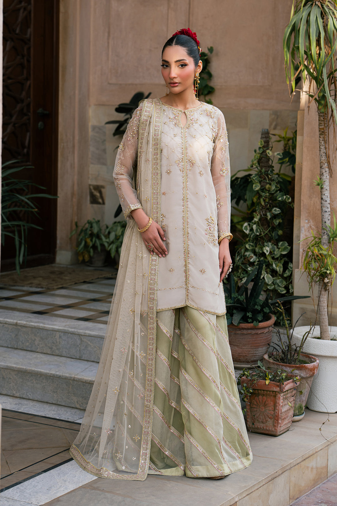 Saaz skin and pistachio luxury pret outfit with embroidered organza shirt and flared trousers