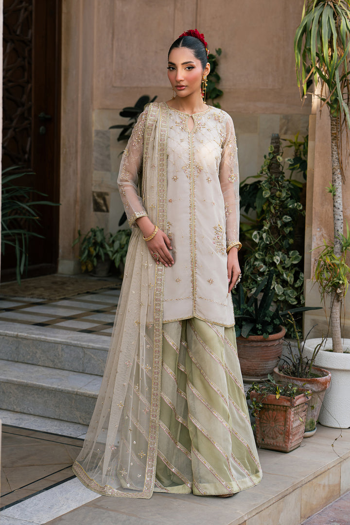 Saaz skin and pistachio luxury pret outfit with embroidered organza shirt and flared trousers