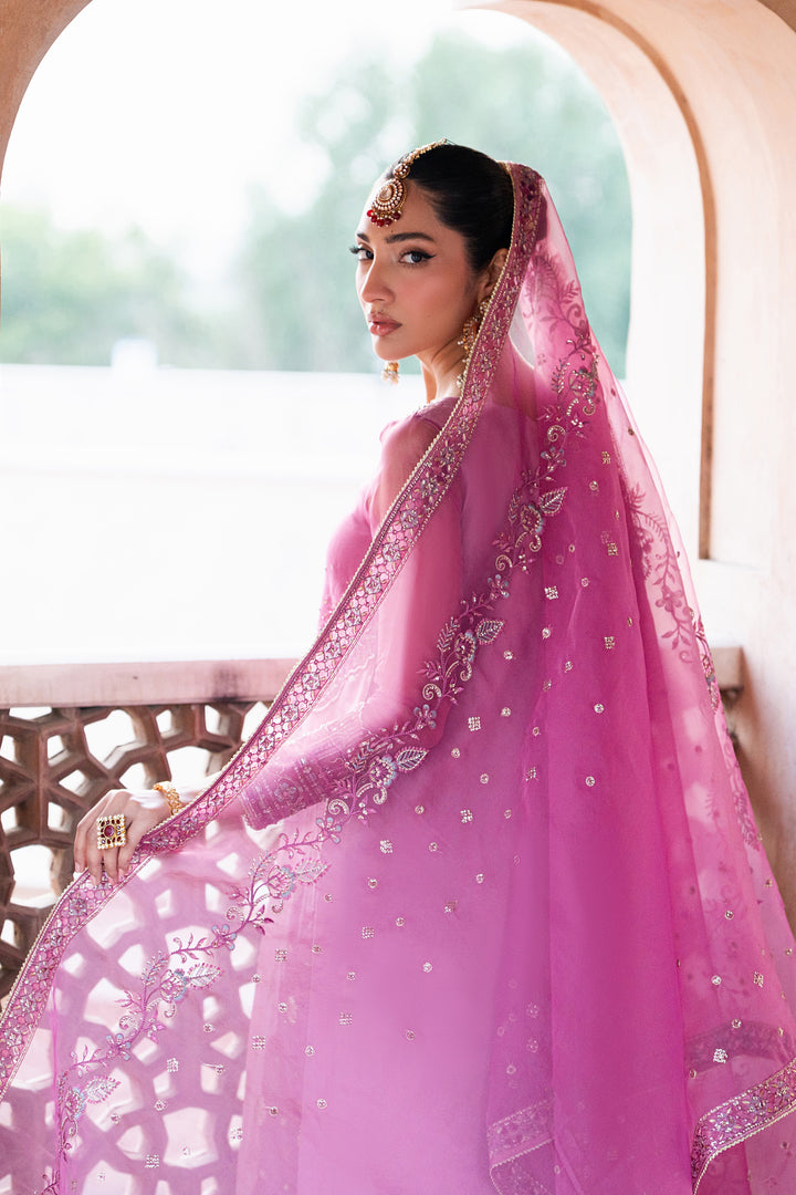 Back view of Shams lilac organza dupatta with sequin embroidery paired with luxury pret outfit