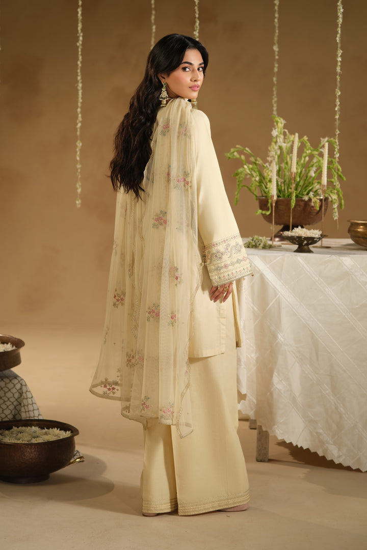 Back view of Arosel 3 piece dress showing clean shirt fall and bordered net dupatta drape