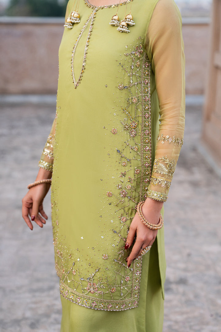 Close view of Zaraan pistachio organza shirt with fine embroidery, sequin work and straight silhouette from NAQSHI Tabeer festive collection