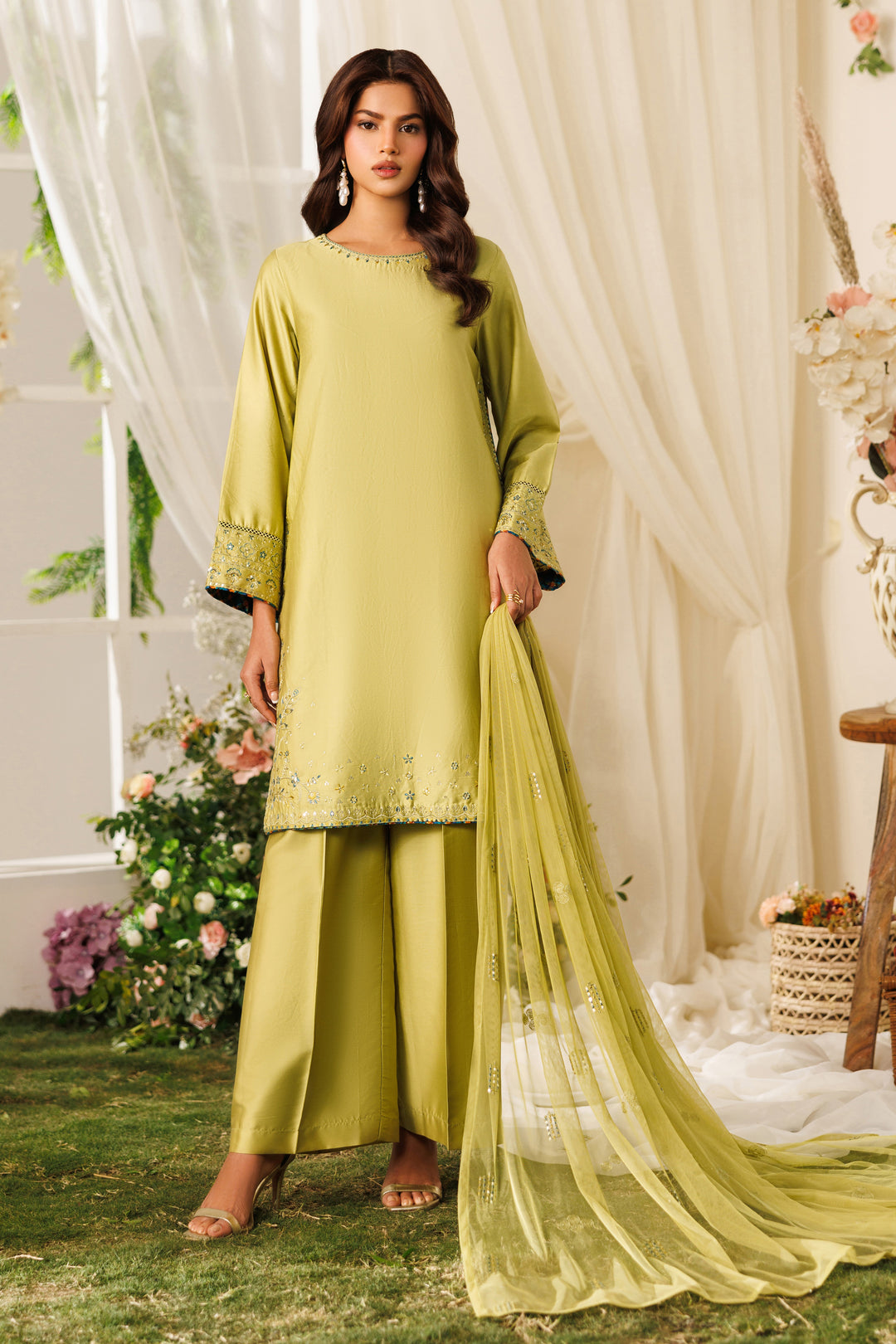 Full front view of NAQSHI Qiana outfit showing embroidery and sequin work on the shirt with net dupatta