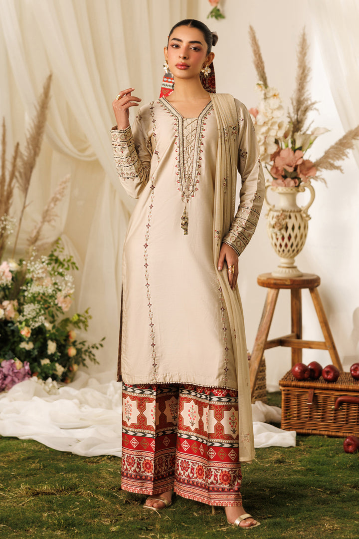 Front standing view of NAQSHI Numa outfit showing embroidered V neckline and balanced cotton satin silhouette