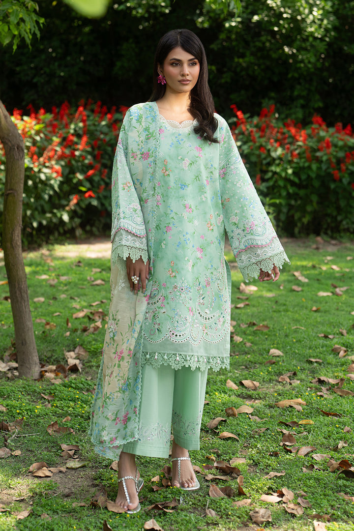 Menesa aqua green 3 piece outfit with digital cotton organza dupatta featuring soft print and light flowy fabric for daytime wear