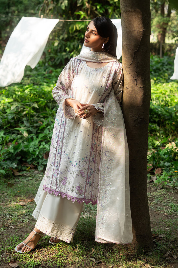 Baseera ivory 3 piece outfit with airy cotton organza dupatta featuring embroidered borders and lace finishing for a complete summer look