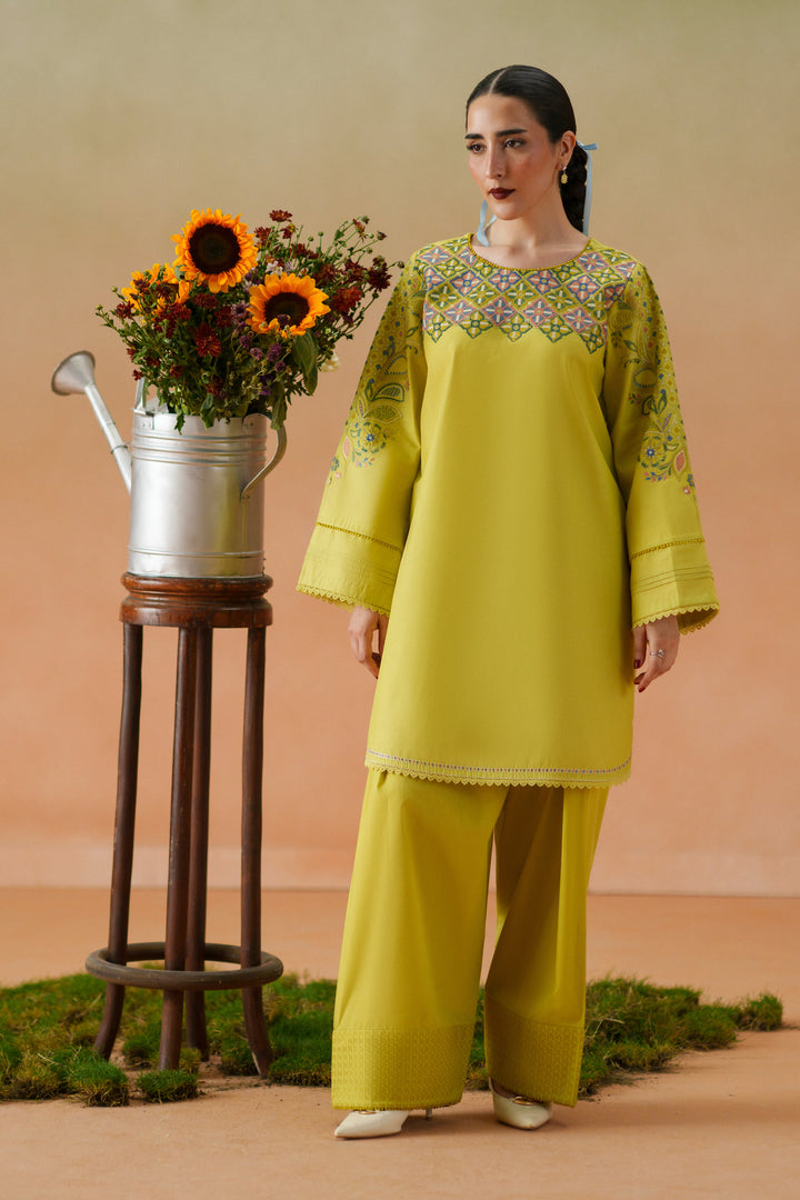 Front pose of Deniz lime semi-formal outfit with embroidered lawn shirt, cambric shalwar, and soft printed chiffon dupatta.