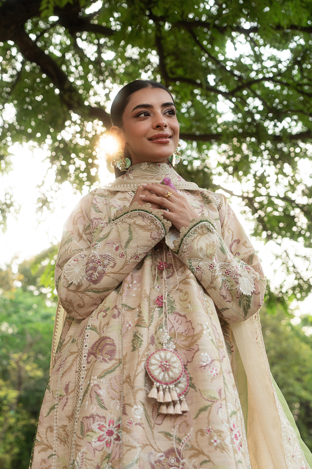 Andalib skin 3 piece outfit with cotton organza dupatta featuring embroidered borders and soft airy fall for daytime wear