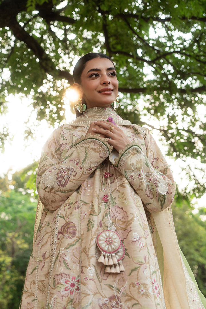 Andalib skin 3 piece outfit with cotton organza dupatta featuring embroidered borders and soft airy fall for daytime wear