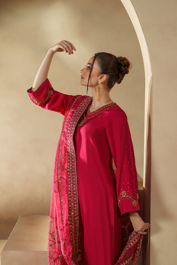Side view of Sophia shocking pink luxury pret formal outfit with embroidered borders and dupatta
