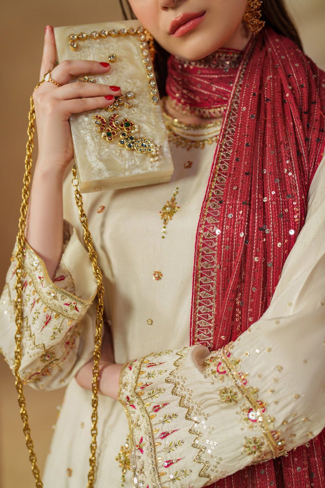 Detailed close-up of NAQSHI Rabeel dress neckline and handwork embroidery on Indian raw silk showing high-quality finishing and formal design