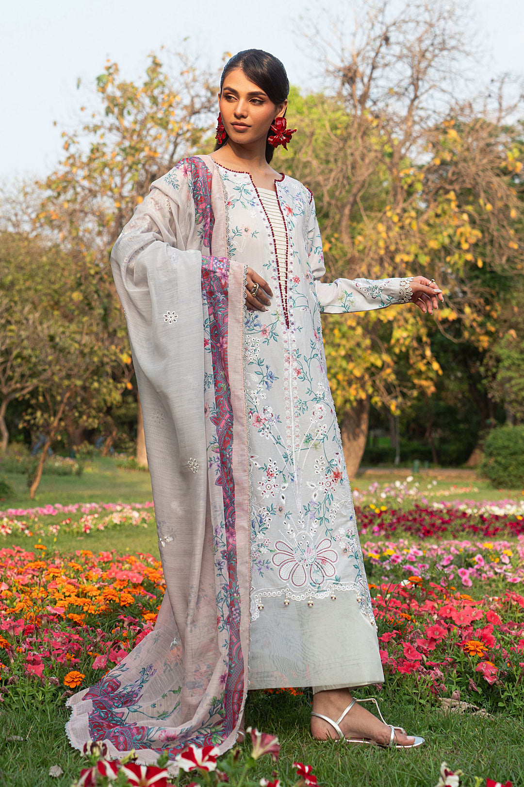 Zimra grey 3 piece outfit with poly lawn dupatta featuring digital print and light airy fall for daytime wear