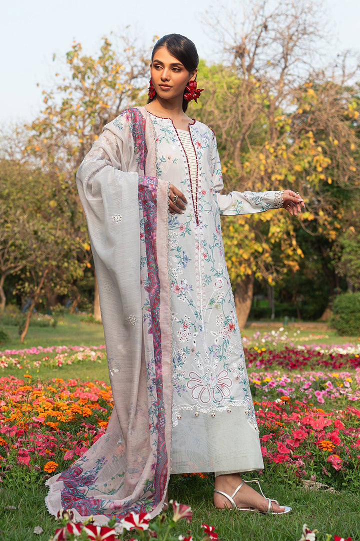 Zimra grey 3 piece outfit with poly lawn dupatta featuring digital print and light airy fall for daytime wear