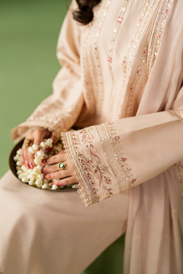 Close-up of NAQSHI Seema shirt sleeve showing embroidery detail and lace finishing