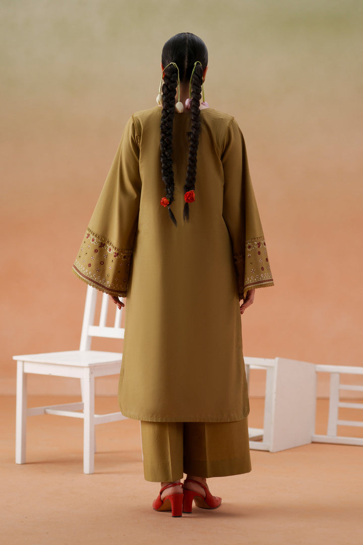 Back view of Lona olive beige 3-piece outfit with long lawn shirt, relaxed culotte trouser, and printed crinkle chiffon dupatta.