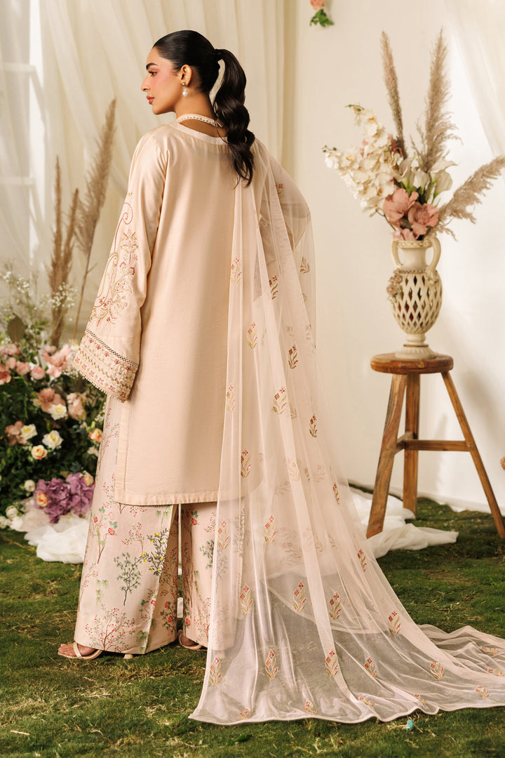Back view of NAQSHI Rayla outfit showing relaxed shirt cut and light net dupatta drape