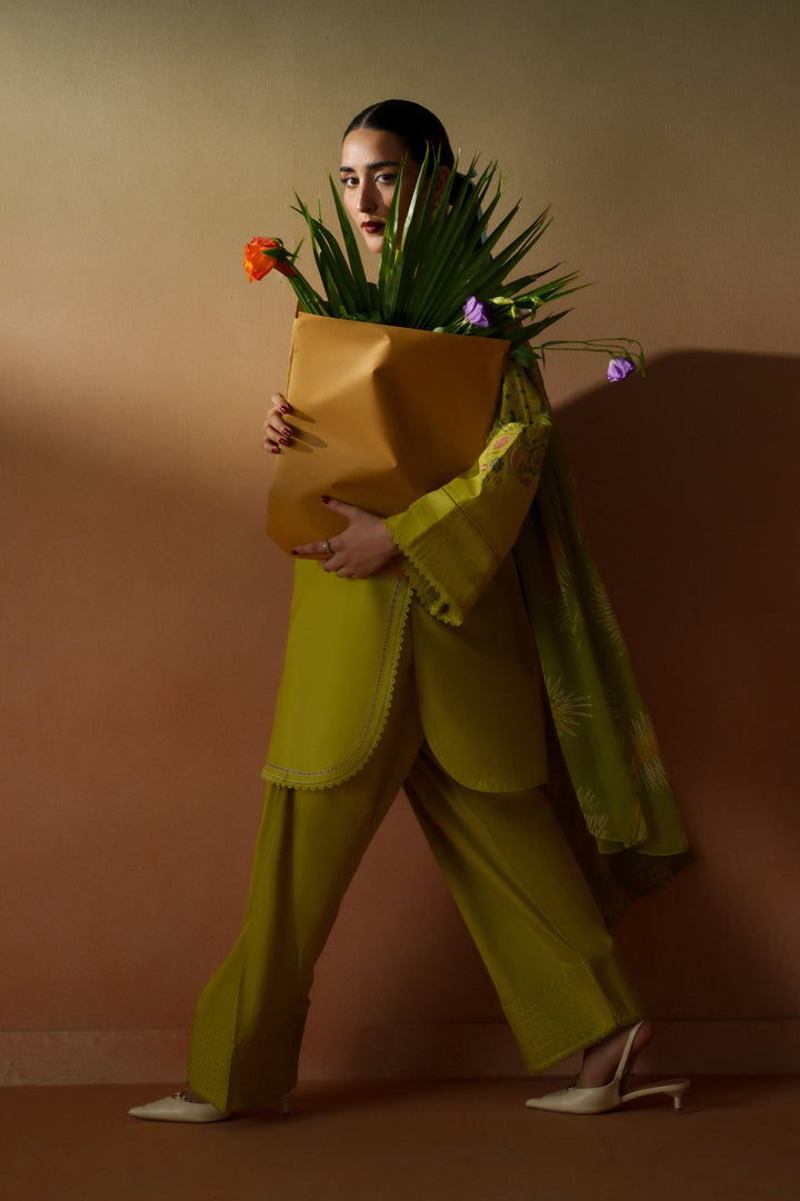 Model wearing Deniz lime embroidered ready-to-wear outfit with printed chiffon dupatta and floral styling for elegant daytime wear.