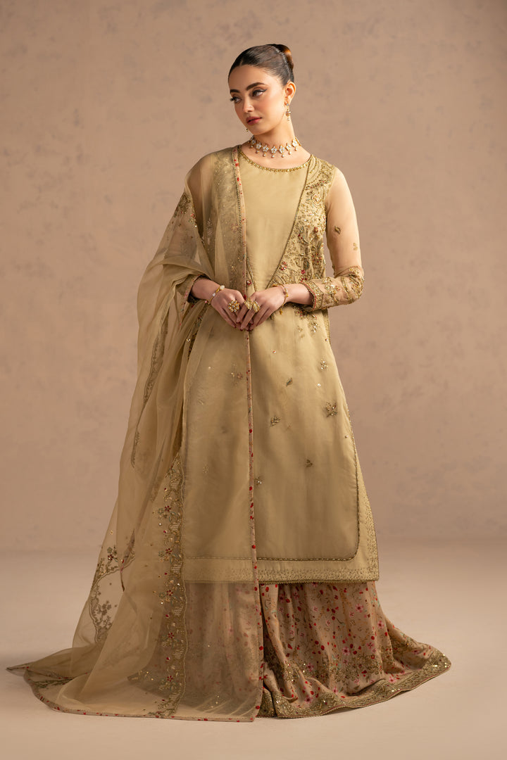 Full view showing balanced proportions of long shirt and wide sharara flare, suitable for nikkah and engagement gatherings.