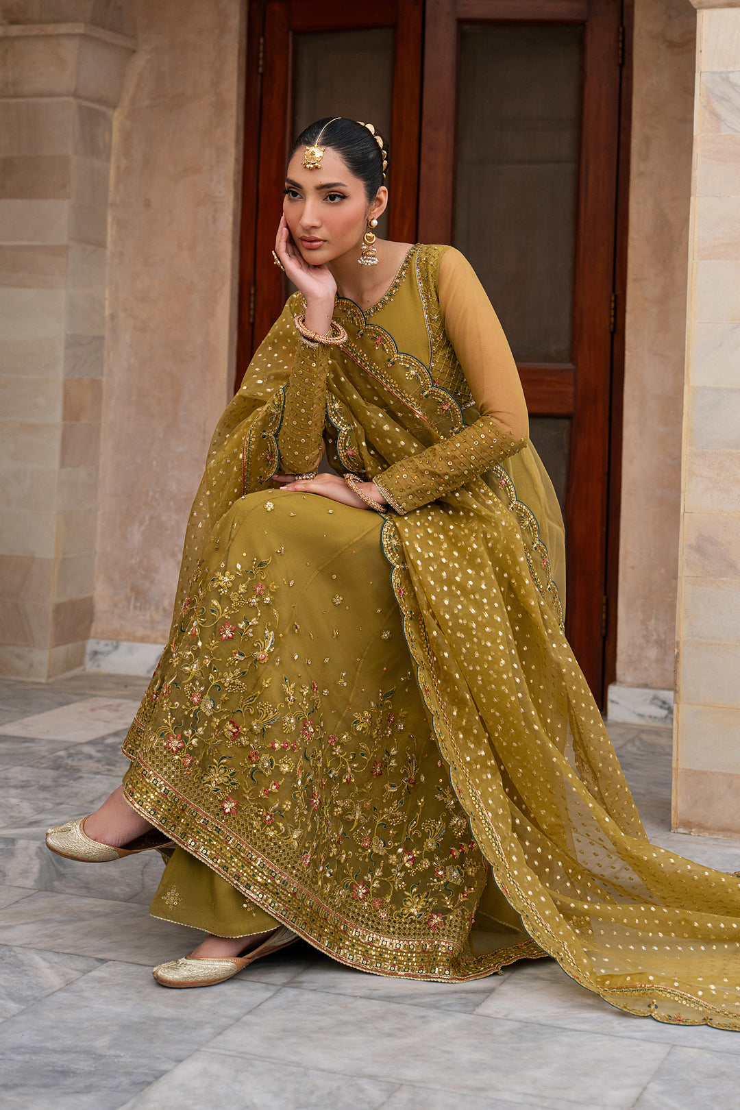 Lehr mustard luxury pret outfit with embroidered organza frock, flared trousers and embellished zari organza dupatta