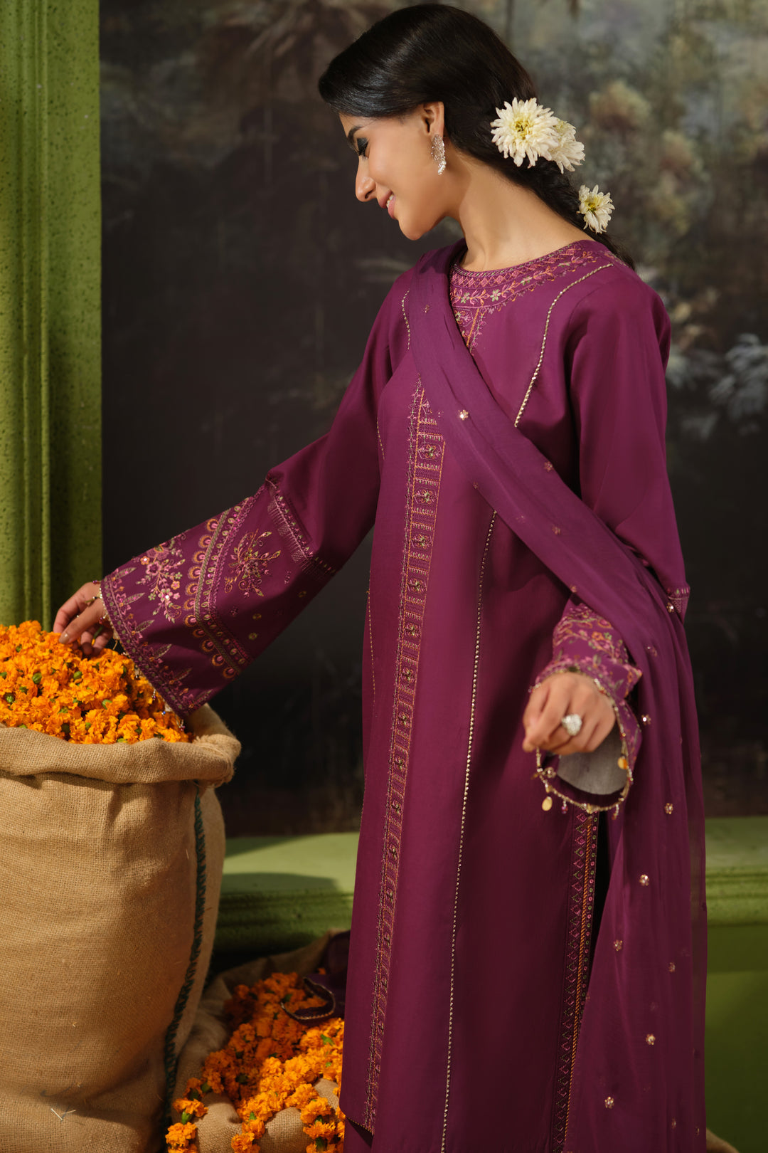 NAQSHI Huram plum ready to wear outfit with embroidered loose sleeves, culotte trousers, and crinkle dupatta