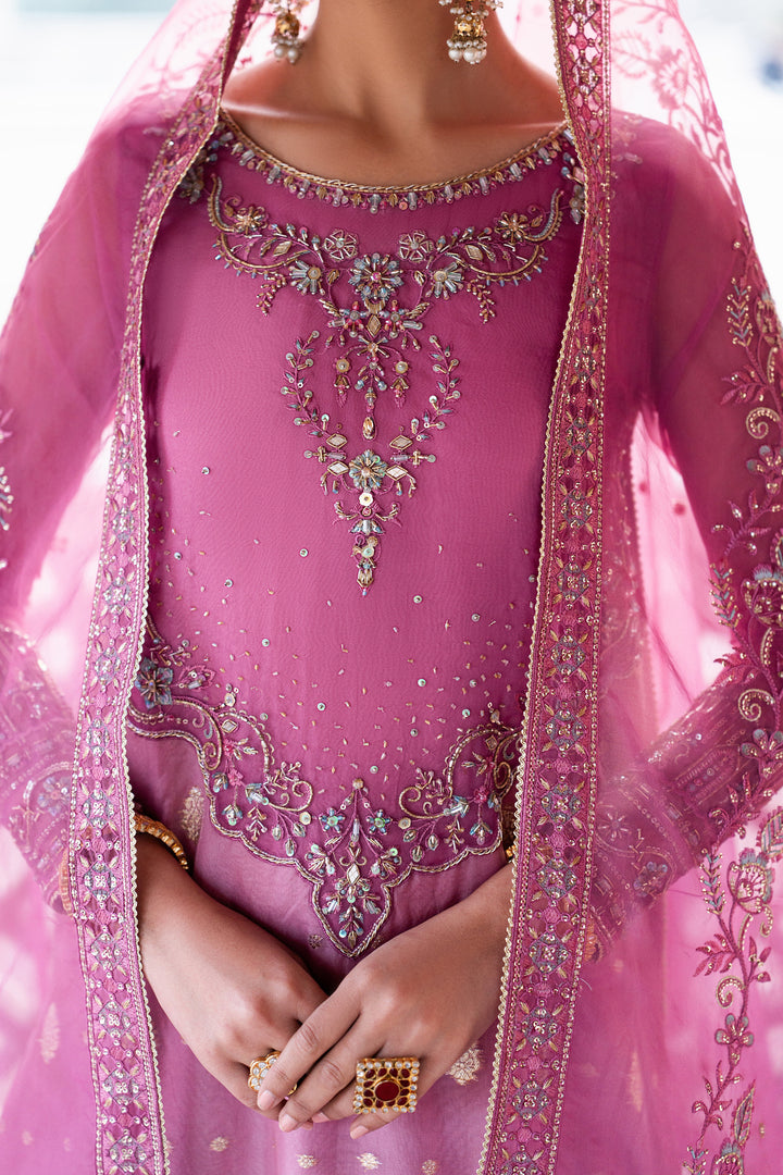 Close view of Shams lilac organza shirt with boat neckline embroidery, sequins and adda work