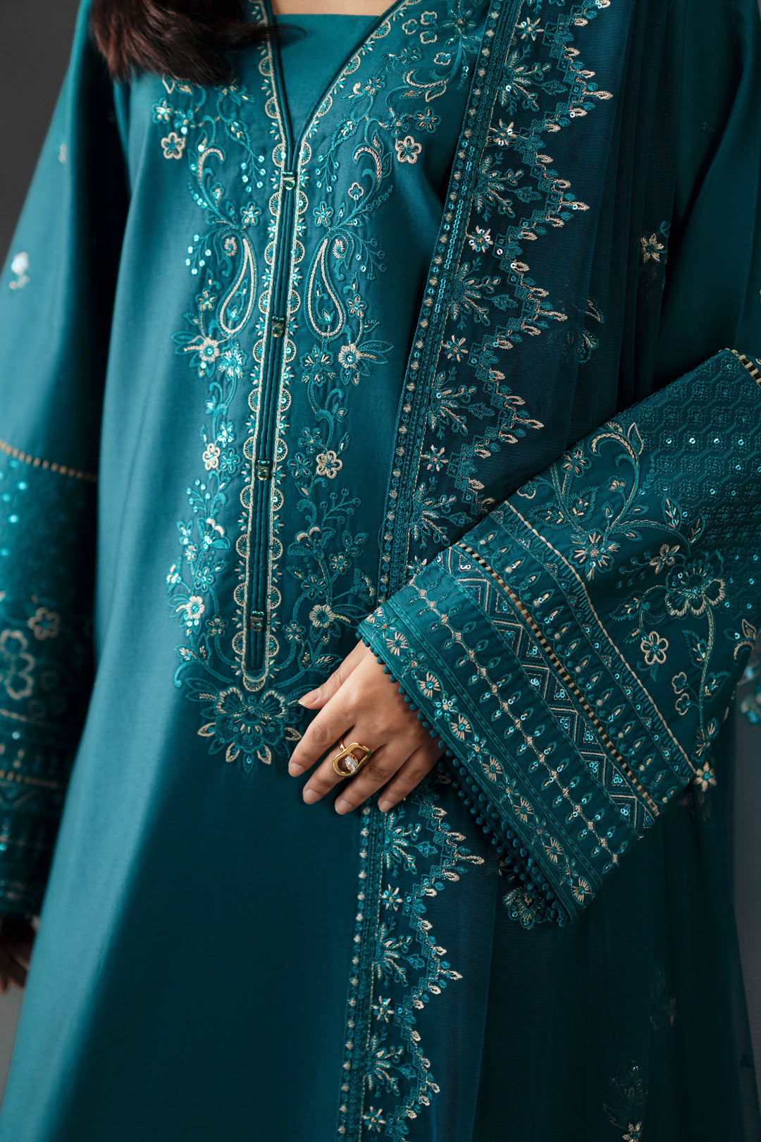 Areeb by NAQSHI close-up of embroidered border and subtle sequin detailing on shirt