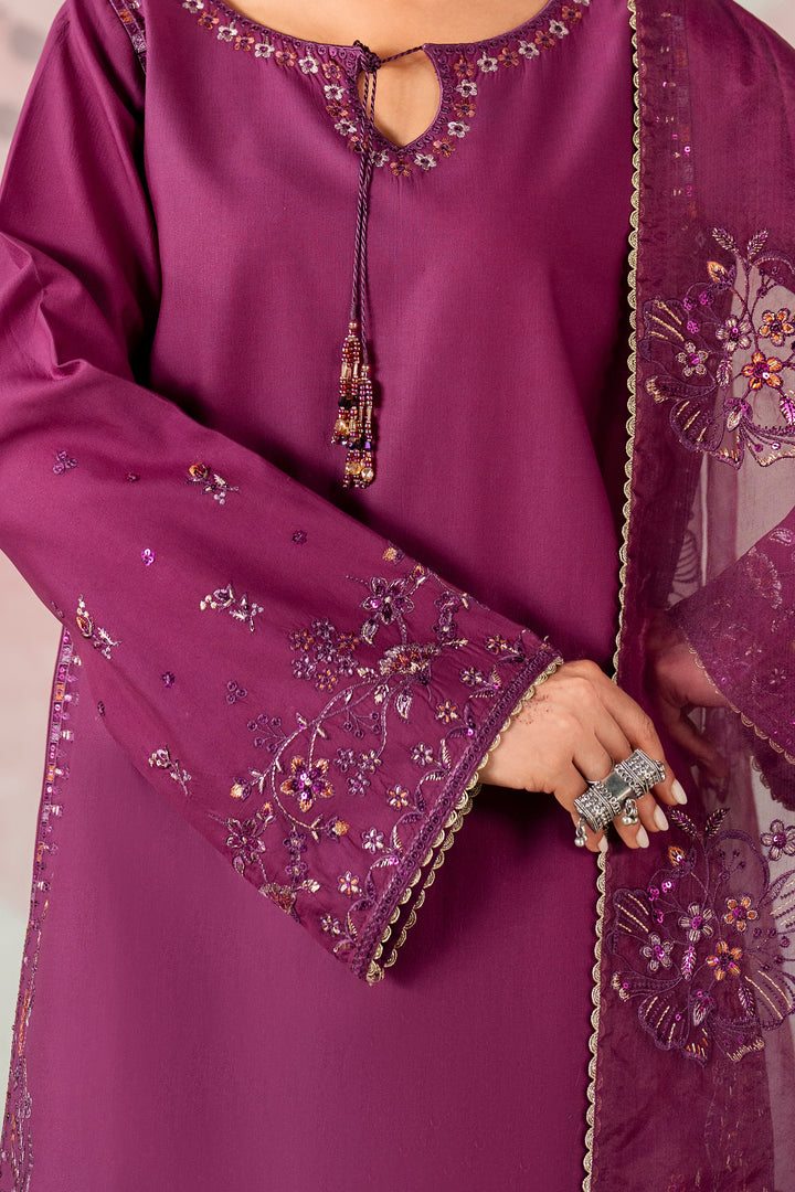 Purple embroidered outfit with intricate designs on a plain background