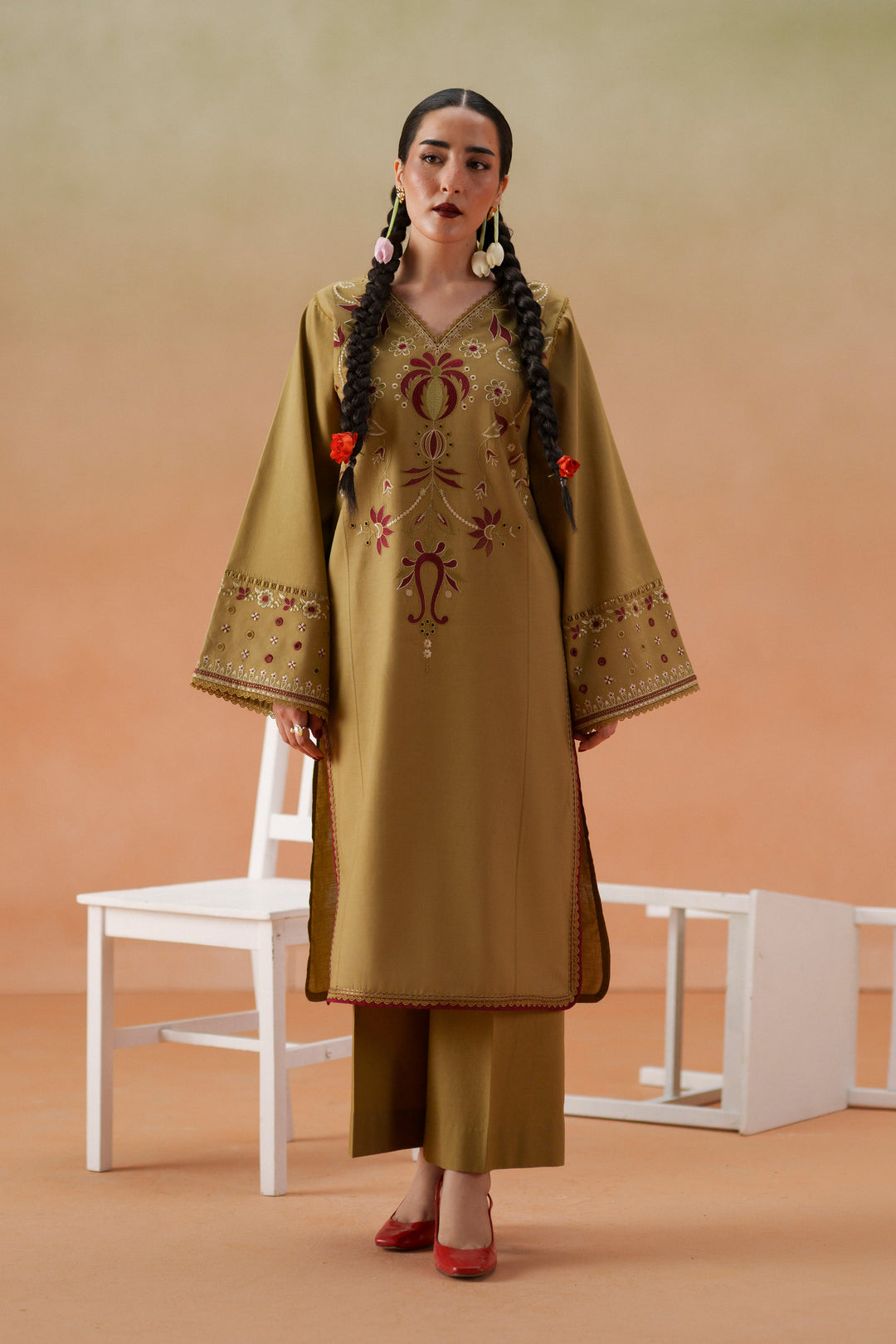 Front pose of Lona olive beige casual pret outfit with maroon embroidery, lawn shirt, culotte trouser, and printed chiffon dupatta.