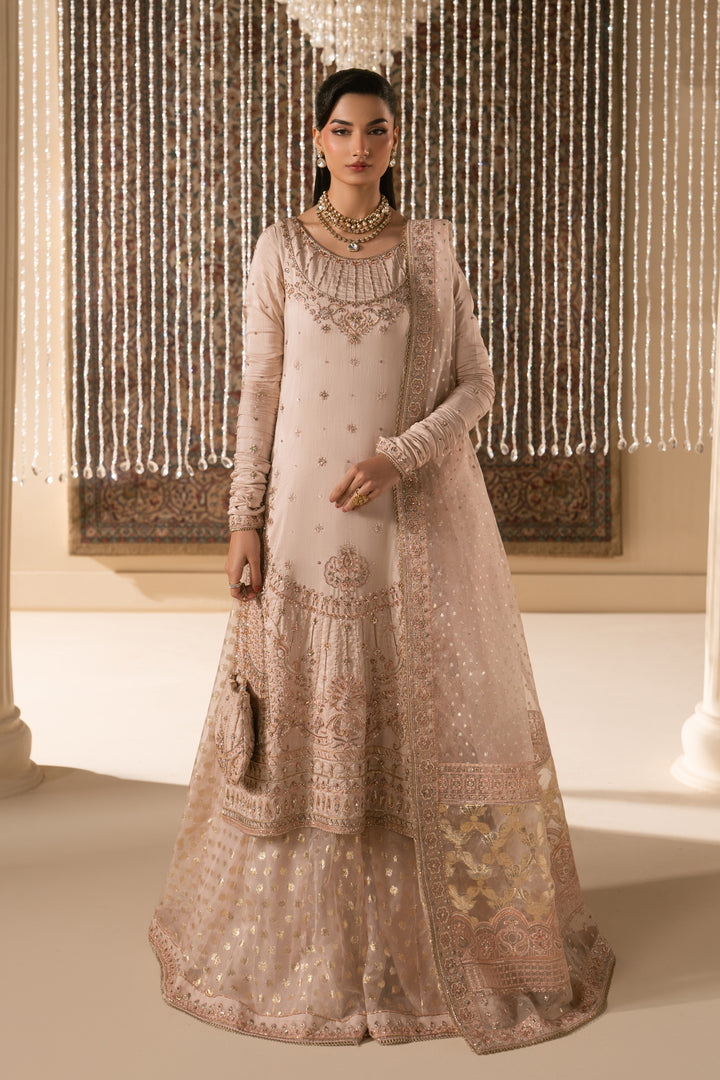 Mahbeer pale pink Nikkah bridal outfit by NAQSHI, full front view with raw silk shirt, organza sharara, organza dupatta and matching pouch, ready to wear 4-piece formal wedding dress.