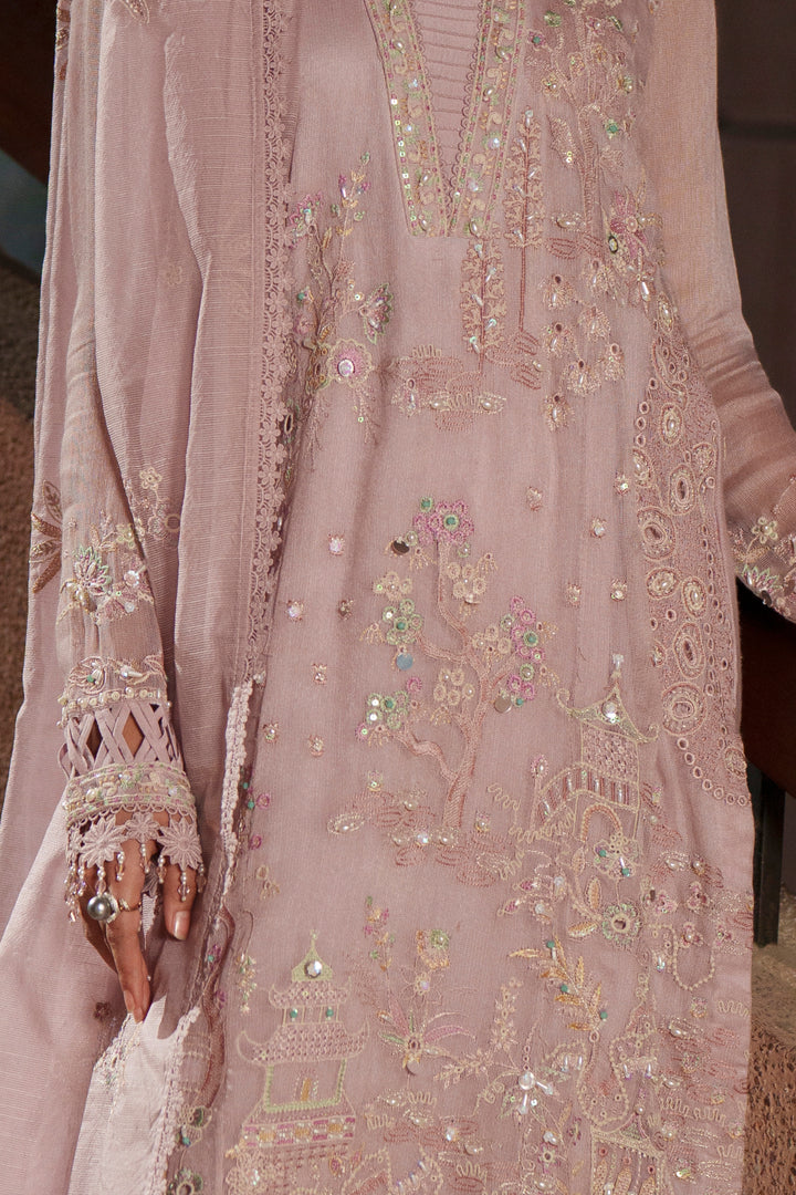 Close-up of Anahi lilac embroidered khadi net shirt highlighting sequin embroidery, pintuck details, organza floral border and refined craftsmanship