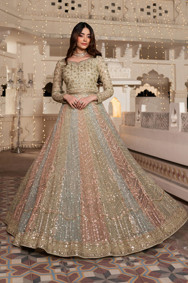 Woman in a traditional embroidered outfit standing in an ornate indoor setting.