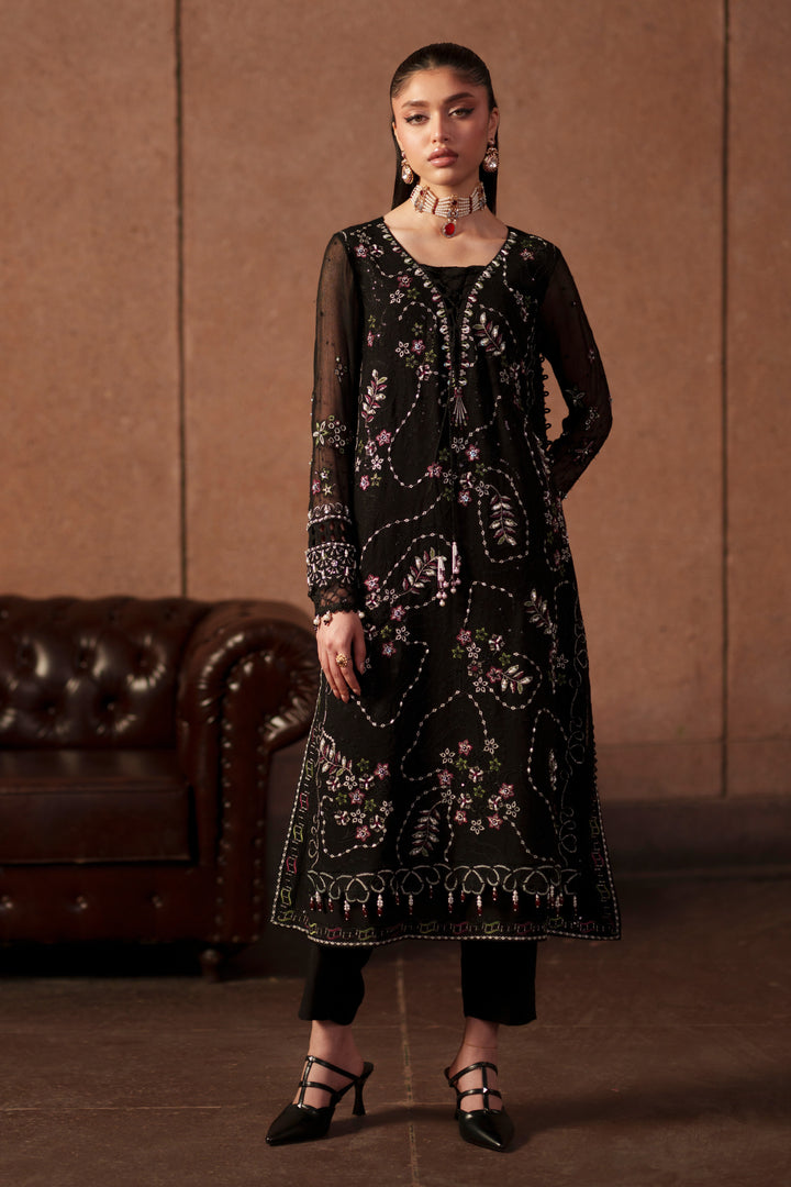Full-length view of Zeya black embroidered formal outfit with PK raw silk trousers, cotton organza dupatta and refined evening wear styling