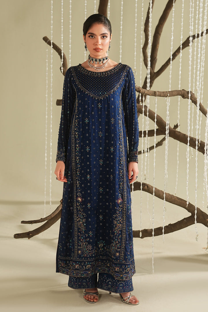 Royal blue embroidered formal long shirt with culotte and dupatta, full front view, elegant ready-to-wear outfit for weddings and formal events.